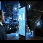 businessman touching ai word screen digital booth with fintech infographic hitech business concept