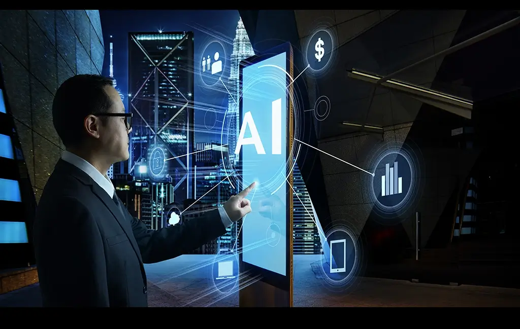 businessman touching ai word screen digital booth with fintech infographic hitech business concept