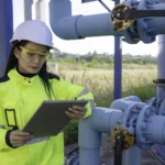 A woman in a hard hat and safety glasses inspects machinery while using a tablet near blue industrial pipes.