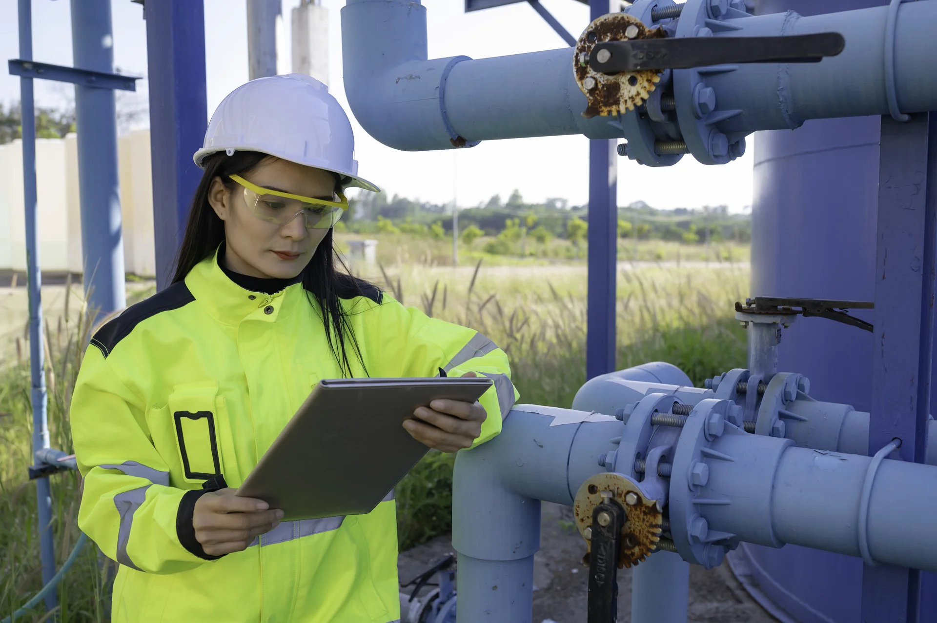 A woman in a hard hat and safety glasses inspects machinery while using a tablet near blue industrial pipes.