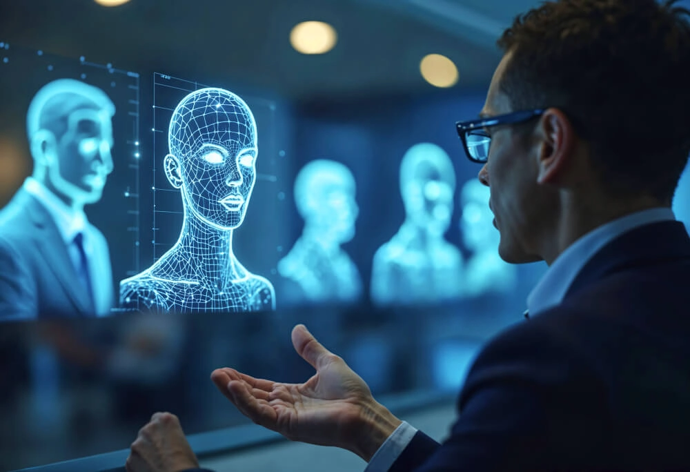 A man in a suit gazes intently at a virtual face displayed on a screen.