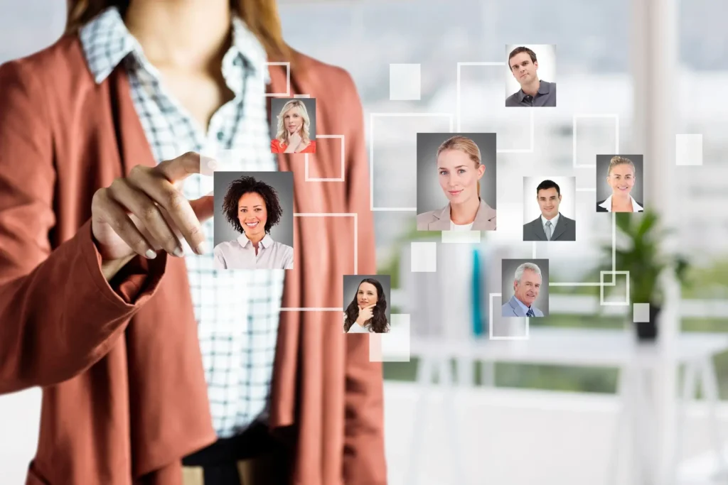 woman selecting pictures of people