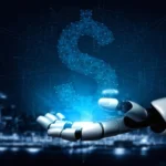 Robot hand grasping a dollar sign with a city skyline in the background, symbolizing technology and finance.