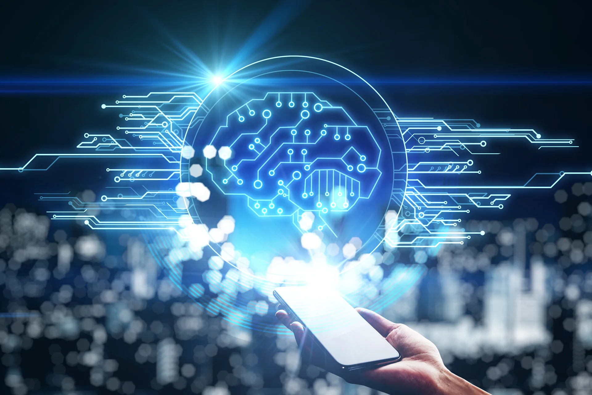 A hand holds a smartphone emitting a glowing digital brain with circuit patterns, symbolizing AI and technology. The background is a blurred cityscape at night.